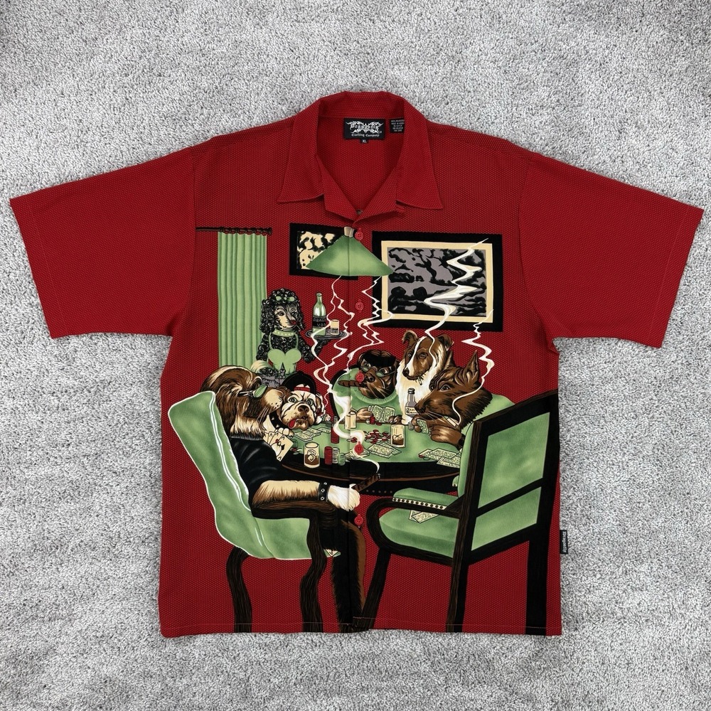 Dragonfly Shirt Men's XXL Red Dog Billiard AOP VTG 80s Camp Loop Collar Pool